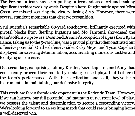 The Freshman team has been putting in tremendous effort and making significant strides week by week. Despite a hard f...