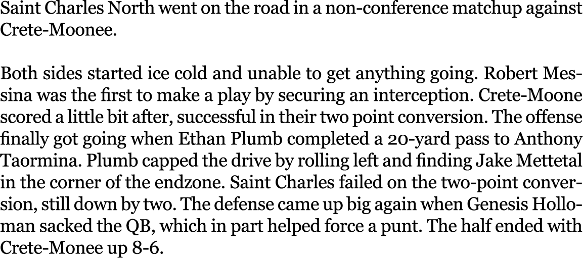 Saint Charles North went on the road in a non conference matchup against Crete Moonee. Both sides started ice cold an...