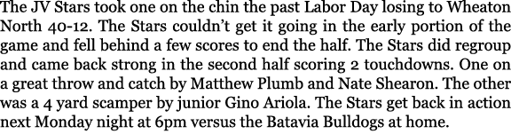 The JV Stars took one on the chin the past Labor Day losing to Wheaton North 40 12. The Stars couldn’t get it going i...