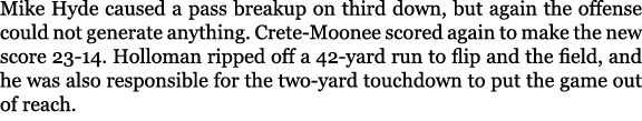 Mike Hyde caused a pass breakup on third down, but again the offense could not generate anything. Crete Moonee scored...