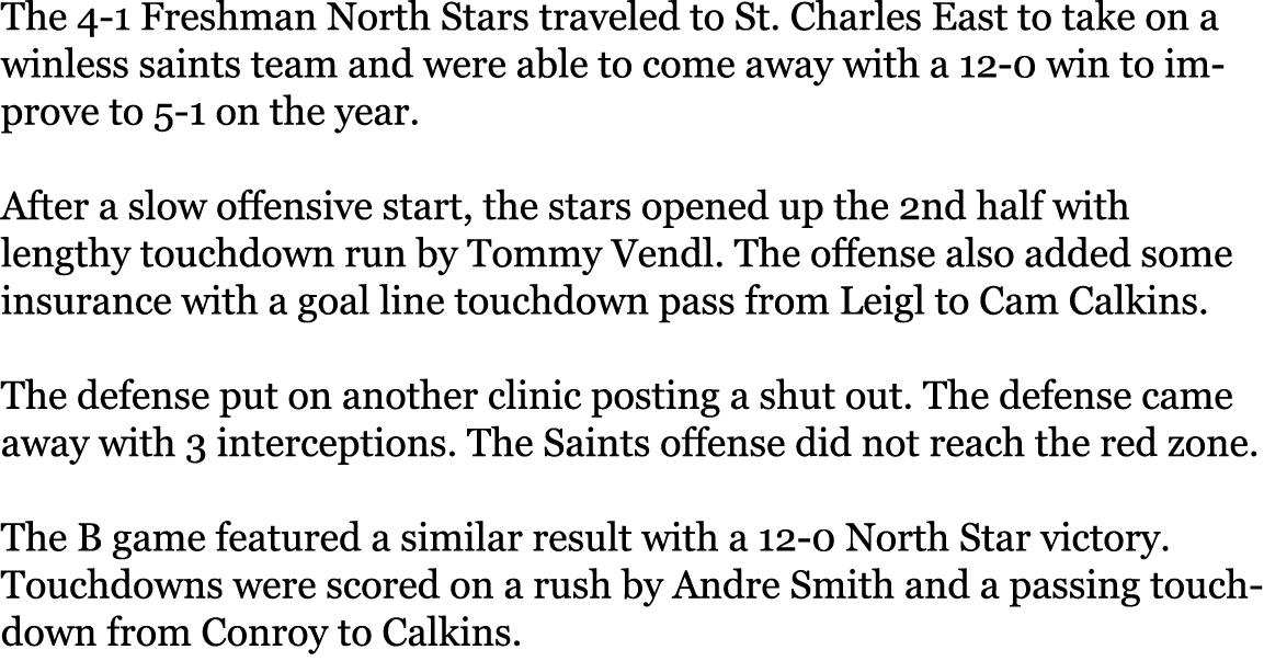 The 4 1 Freshman North Stars traveled to St. Charles East to take on a winless saints team and were able to come away...