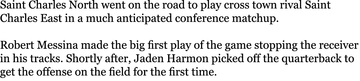 Saint Charles North went on the road to play cross town rival Saint Charles East in a much anticipated conference mat...