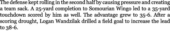 The defense kept rolling in the second half by causing pressure and creating a team sack. A 25 yard completion to Som...