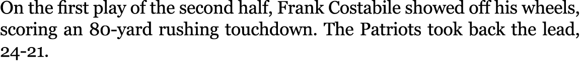 On the first play of the second half, Frank Costabile showed off his wheels, scoring an 80 yard rushing touchdown. Th...