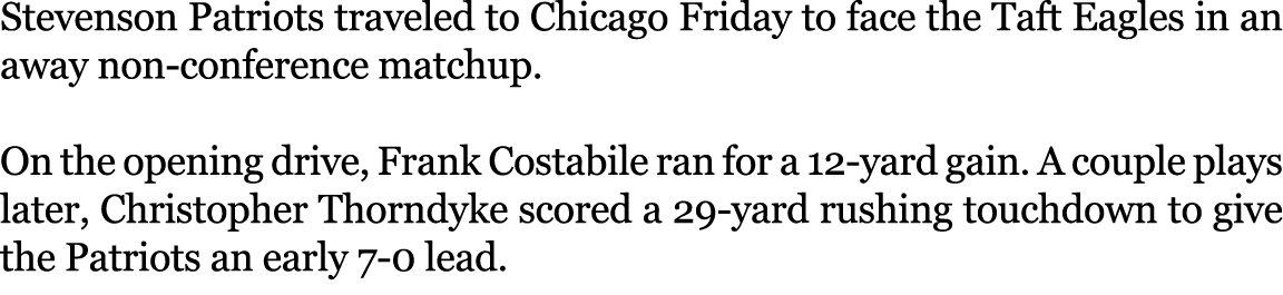 Stevenson Patriots traveled to Chicago Friday to face the Taft Eagles in an away non conference matchup. On the openi...