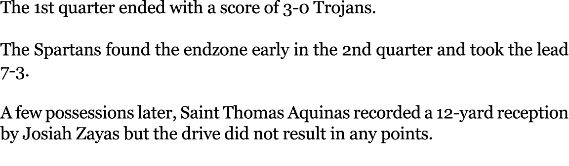 The 1st quarter ended with a score of 3 0 Trojans. The Spartans found the endzone early in the 2nd quarter and took t...