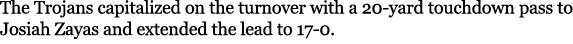 The Trojans capitalized on the turnover with a 20 yard touchdown pass to Josiah Zayas and extended the lead to 17 0.
