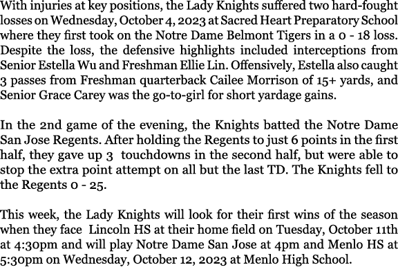 With injuries at key positions, the Lady Knights suffered two hard fought losses on Wednesday, October 4, 2023 at Sac...