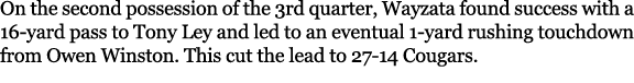 On the second possession of the 3rd quarter, Wayzata found success with a 16 yard pass to Tony Ley and led to an even...