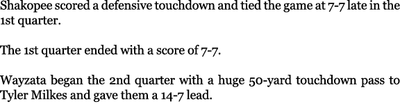 Shakopee scored a defensive touchdown and tied the game at 7 7 late in the 1st quarter. The 1st quarter ended with a ...