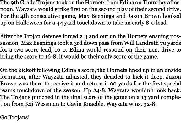 The 9th Grade Trojans took on the Hornets from Edina on Thursday afternoon. Wayzata would strike first on the second ...