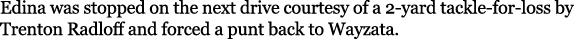 Edina was stopped on the next drive courtesy of a 2 yard tackle for loss by Trenton Radloff and forced a punt back to...