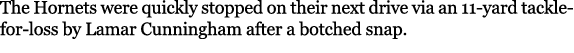 The Hornets were quickly stopped on their next drive via an 11 yard tackle for loss by Lamar Cunningham after a botch...