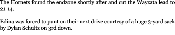 The Hornets found the endzone shortly after and cut the Wayzata lead to 21 14. Edina was forced to punt on their next...