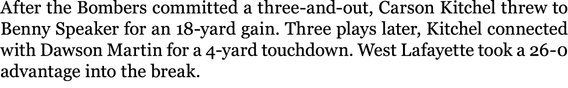 After the Bombers committed a three and out, Carson Kitchel threw to Benny Speaker for an 18 yard gain. Three plays l...