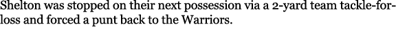 Shelton was stopped on their next possession via a 2 yard team tackle for loss and forced a punt back to the Warriors. 