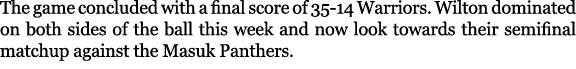 The game concluded with a final score of 35 14 Warriors. Wilton dominated on both sides of the ball this week and now...
