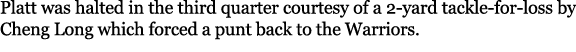 Platt was halted in the third quarter courtesy of a 2 yard tackle for loss by Cheng Long which forced a punt back to ...
