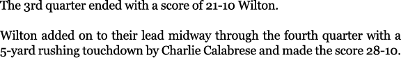The 3rd quarter ended with a score of 21 10 Wilton. Wilton added on to their lead midway through the fourth quarter w...