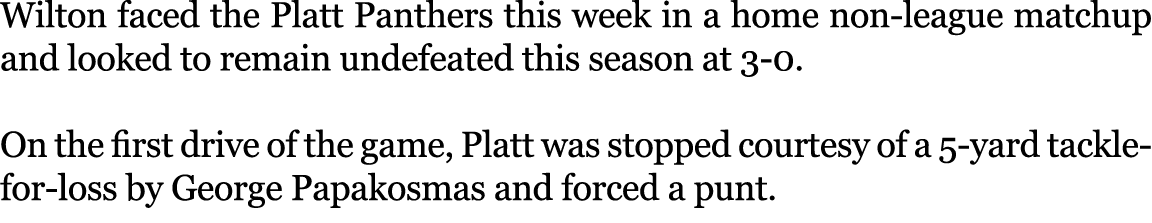 Wilton faced the Platt Panthers this week in a home non league matchup and looked to remain undefeated this season at...