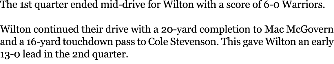 The 1st quarter ended mid drive for Wilton with a score of 6 0 Warriors. Wilton continued their drive with a 20 yard ...