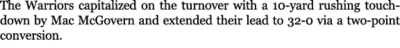 The Warriors capitalized on the turnover with a 10 yard rushing touchdown by Mac McGovern and extended their lead to ...