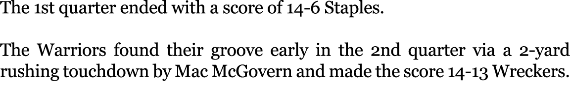 The 1st quarter ended with a score of 14 6 Staples. The Warriors found their groove early in the 2nd quarter via a 2 ...