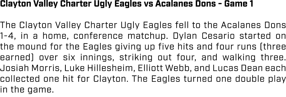 Clayton Valley Charter Ugly Eagles vs Acalanes Dons Game 1 The Clayton Valley Charter Ugly Eagles fell to the Acalane...