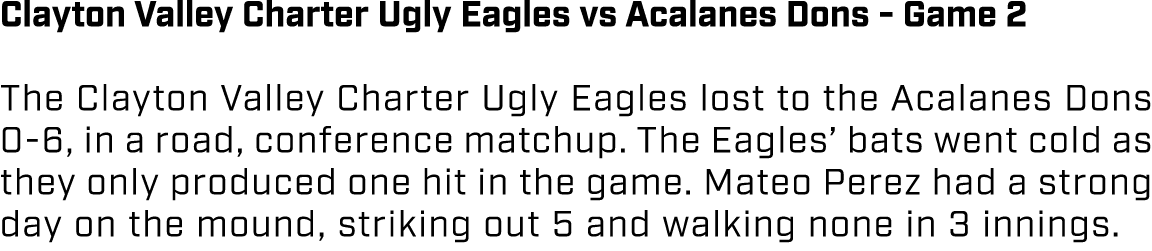 Clayton Valley Charter Ugly Eagles vs Acalanes Dons Game 2 The Clayton Valley Charter Ugly Eagles lost to the Acalane...