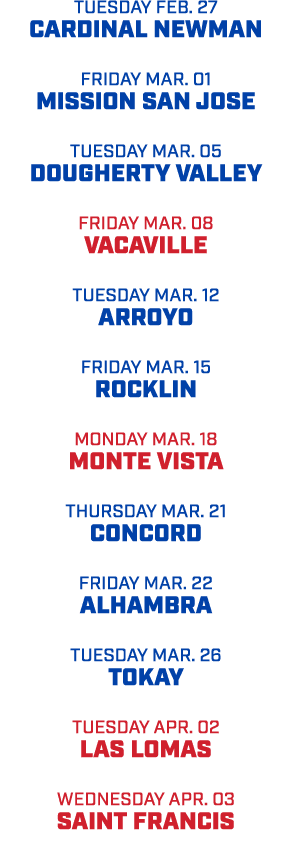 tuesday feb. 27 cardinal newman friday mar. 01 mission san jose tuesday mar. 05 dougherty valley friday mar. 08 vacav...