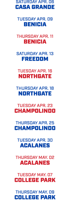 saturday apr. 06 casa grande tuesday apr. 09 benicia thursday apr. 11 benicia saturday apr. 13 freedom tuesday apr. 1...