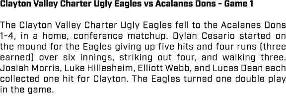 Clayton Valley Charter Ugly Eagles vs Acalanes Dons Game 1 The Clayton Valley Charter Ugly Eagles fell to the Acalane...