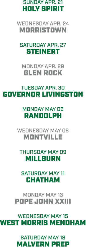 sunday apr. 21 holy spirit wednesday apr. 24 Morristown saturday apr. 27 steinert monday apr. 29 glen rock tuesday ap...