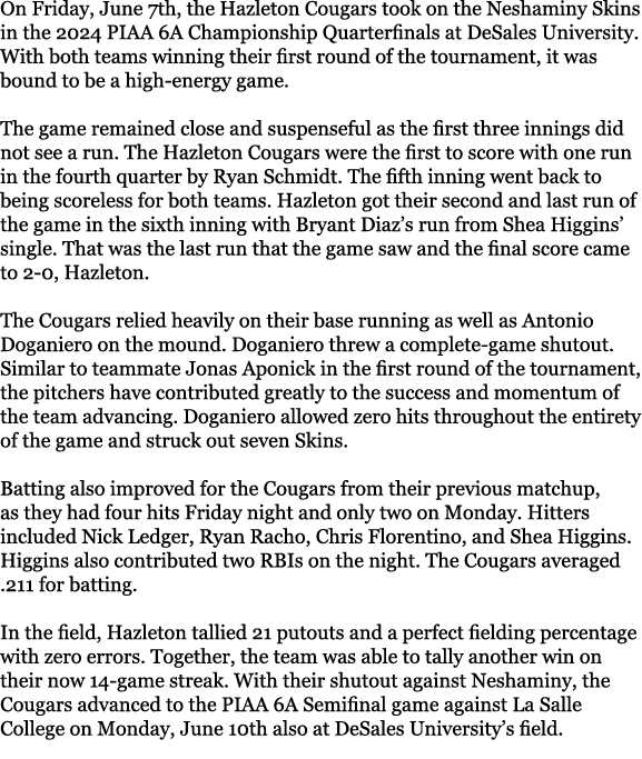 On Friday, June 7th, the Hazleton Cougars took on the Neshaminy Skins in the 2024 PIAA 6A Championship Quarterfinals ...