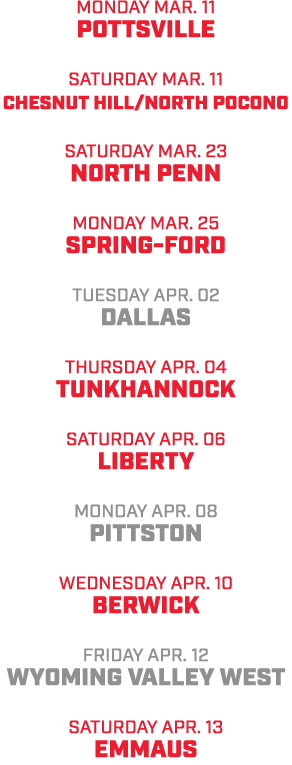 monday mar. 11 pottsville saturday mar. 11 chesnut hill/north pocono saturday mar. 23 north penn monday mar. 25 sprin...