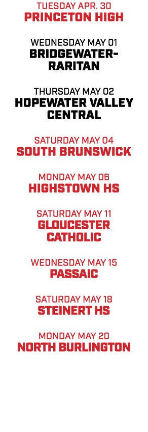 TUESDAY apr. 30 PRINCETON HIGH WEDNESDAY MAY 01 BRIDGEWATER RARITAN THURSDAY MAY 02 HOPEWATER VALLEY CENTRAL SATURDAY...