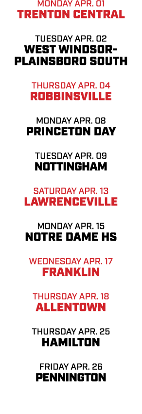 monday APR. 01 TRENTON CENTRAL TUESDAY APR. 02 West Windsor Plainsboro South thursday APR. 04 ROBBINSVILLE MONDAY APR...