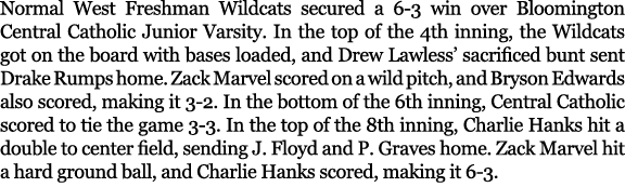 Normal West Freshman Wildcats secured a 6 3 win over Bloomington Central Catholic Junior Varsity. In the top of the 4...