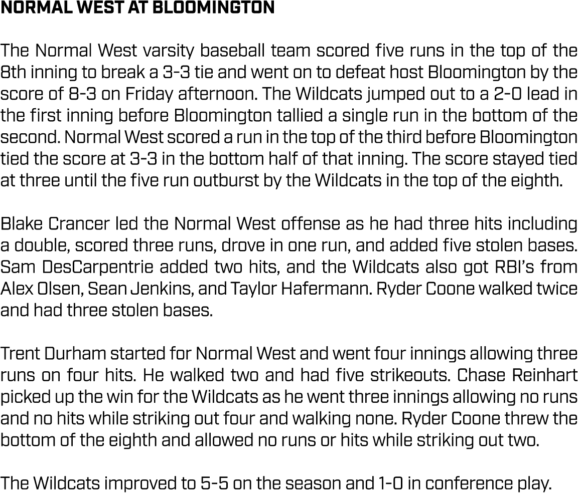 Normal West AT BLOOMINGTON The Normal West varsity baseball team scored five runs in the top of the 8th inning to bre...