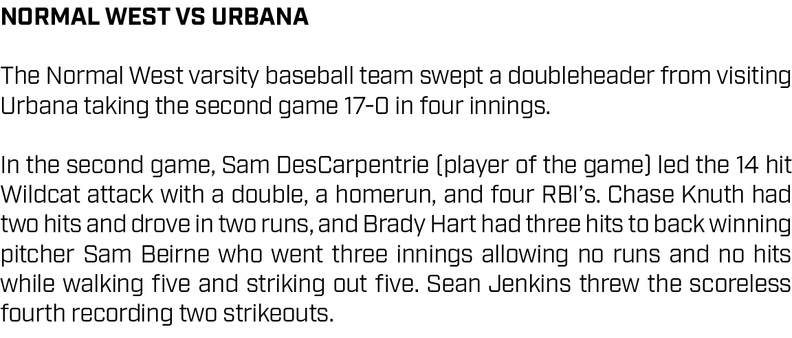 Normal West vs URBANA The Normal West varsity baseball team swept a doubleheader from visiting Urbana taking the seco...