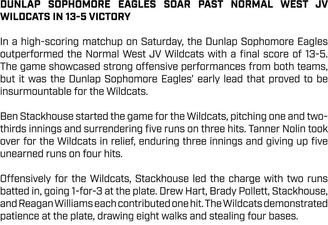 Dunlap Sophomore Eagles Soar Past Normal West JV Wildcats in 13 5 Victory In a high scoring matchup on Saturday, the ...