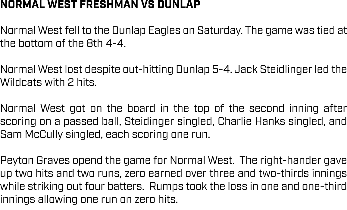 Normal West Freshman vs DUNLAP Normal West fell to the Dunlap Eagles on Saturday. The game was tied at the bottom of ...