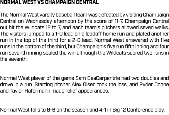 Normal West vs Champaign Central The Normal West varsity baseball team was defeated by visiting Champaign Central on ...