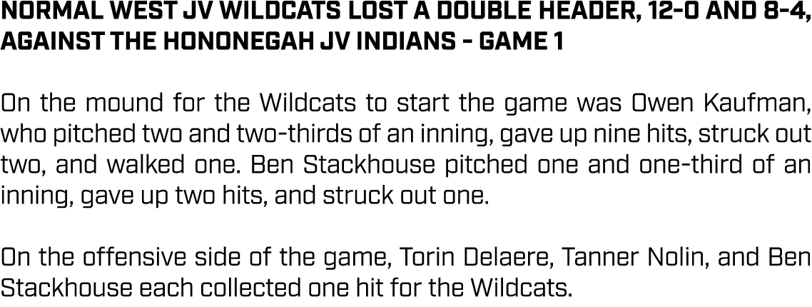 Normal West JV Wildcats lost a double header, 12 0 and 8 4, against the Hononegah JV Indians game 1 On the mound for ...