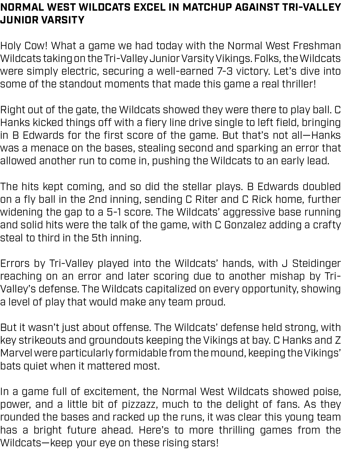 Normal West Wildcats Excel in Matchup Against Tri Valley Junior Varsity Holy Cow! What a game we had today with the N...