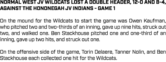 Normal West JV Wildcats lost a double header, 12 0 and 8 4, against the Hononegah JV Indians game 1 On the mound for ...