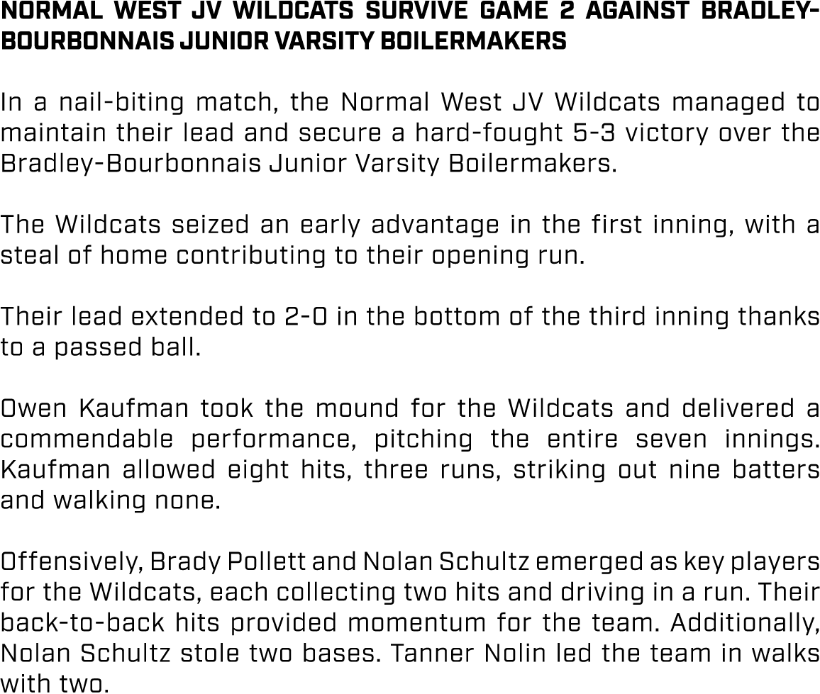 Normal West JV Wildcats Survive Game 2 Against Bradley Bourbonnais Junior Varsity Boilermakers In a nail biting match...