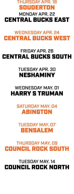 thursday apr. 18 souderton monday apr. 22 central bucks east wednesday apr. 24 central bucks west friday apr. 26 cent...