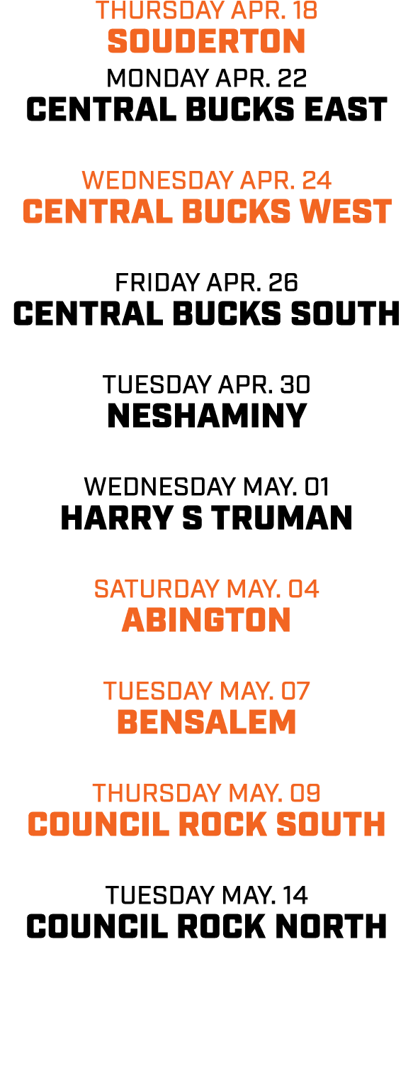 thursday apr. 18 souderton monday apr. 22 central bucks east wednesday apr. 24 central bucks west friday apr. 26 cent...