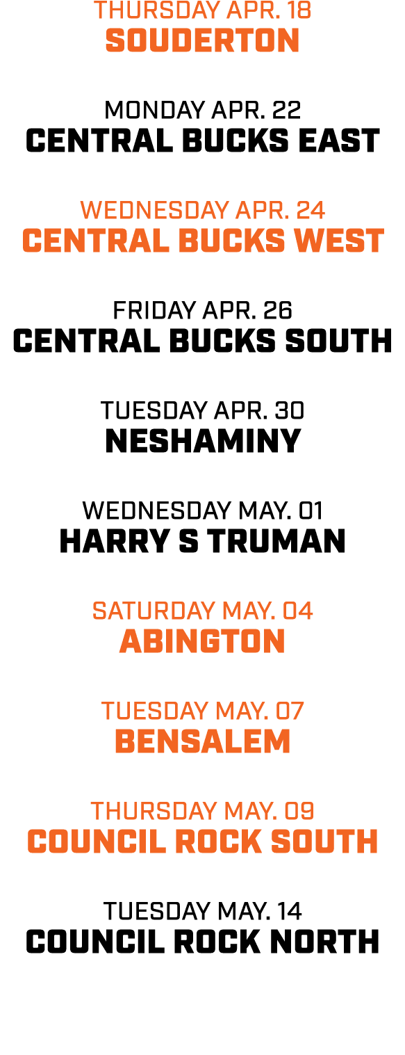 thursday apr. 18 souderton monday apr. 22 central bucks east wednesday apr. 24 central bucks west friday apr. 26 cent...